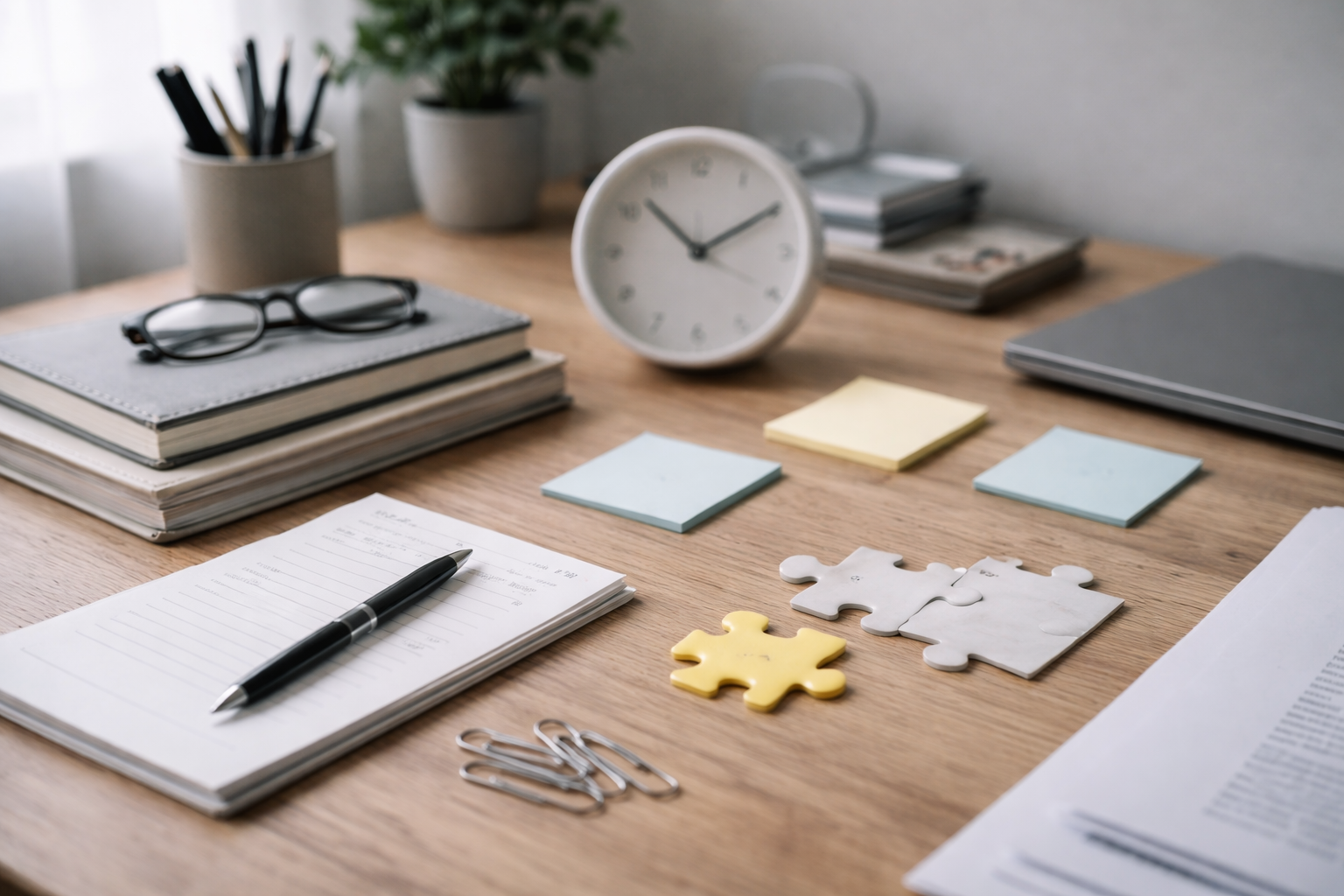 Escritorio ordenado con documentos y piezas incompletas que sugieren decisiones tomadas sin cuestionar todo el marco.