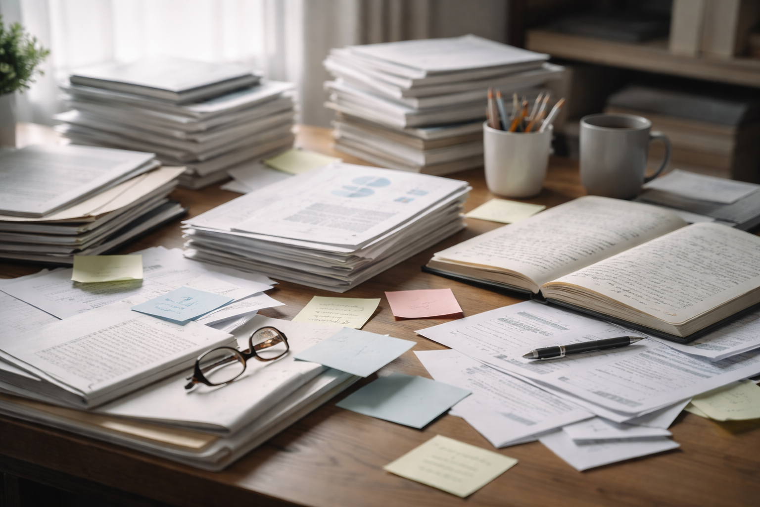 Mesa de trabajo con documentos y notas acumuladas que reflejan exceso de información y falta de criterio al decidir.