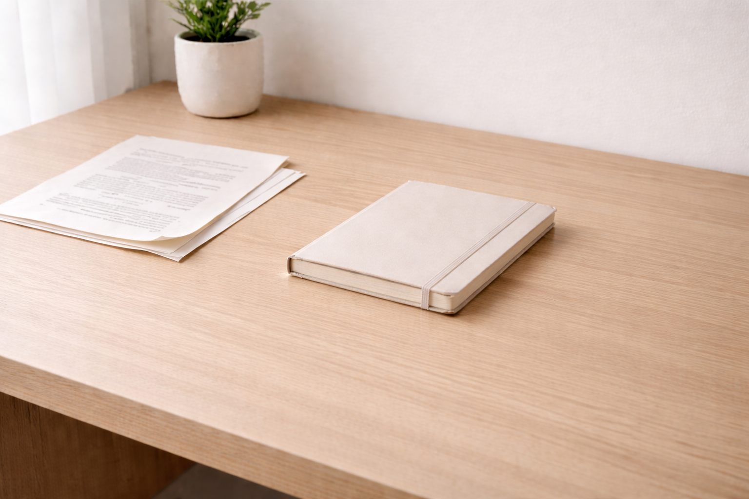 Escritorio minimalista con cuaderno cerrado y una hoja ligeramente desplazada sobre una mesa clara.