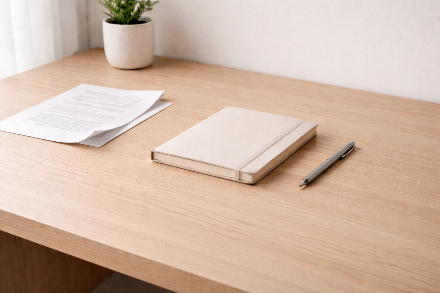 Escritorio de trabajo minimalista con cuaderno cerrado y una hoja ligeramente desplazada sobre una mesa clara.